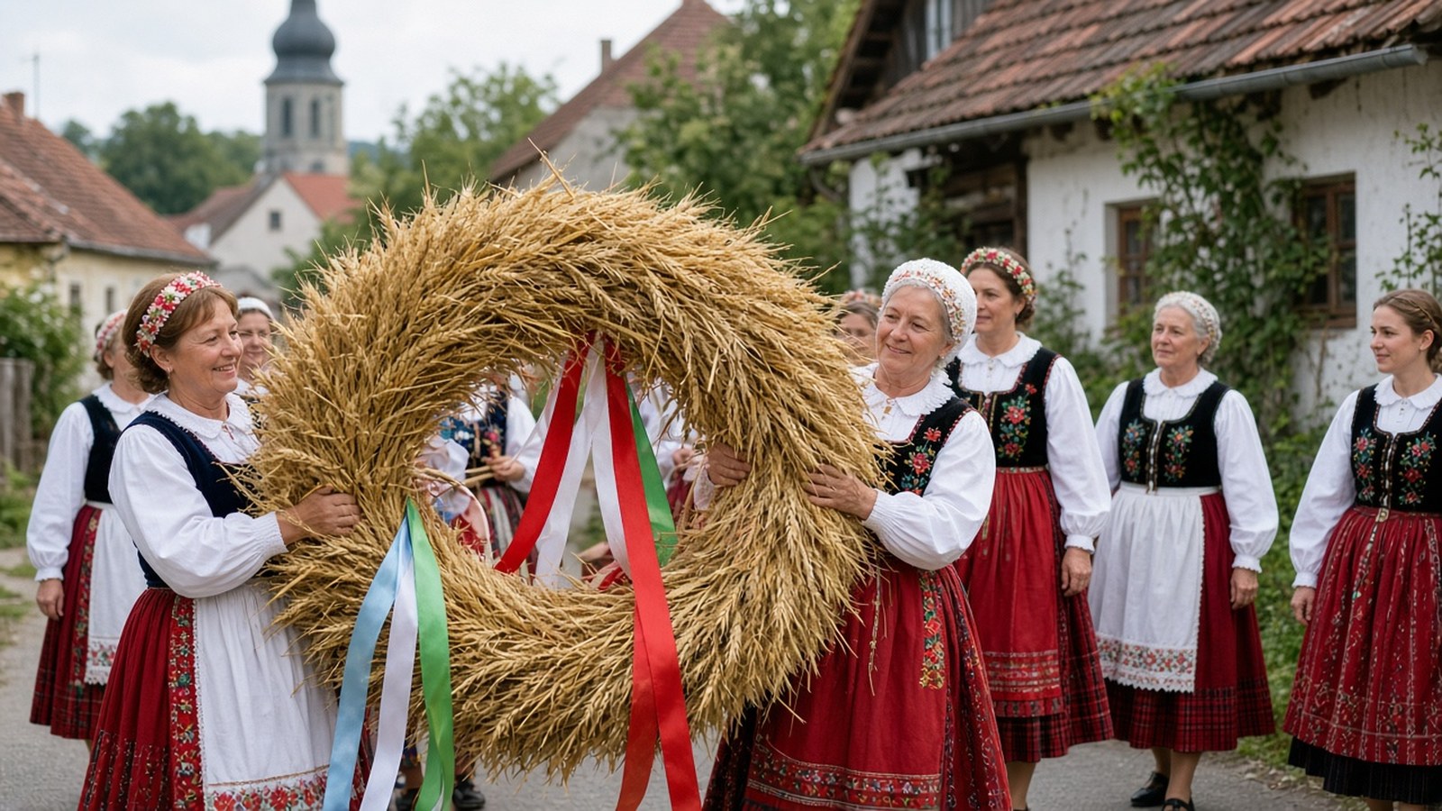 Ženy v krojoch nesú v sprievode dedinou veľký veniec upletený z pšeničných klasov a ozdobený stužkami